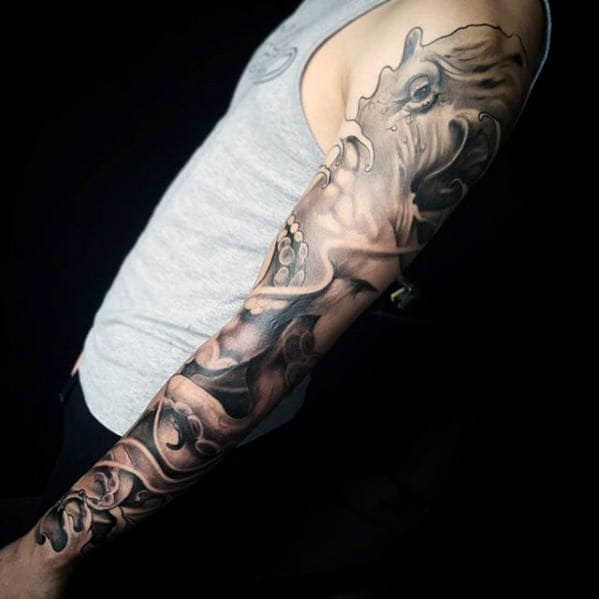 Manly Guys Octopus Full Arm Shaded Tattoo Sleeve Inspiration