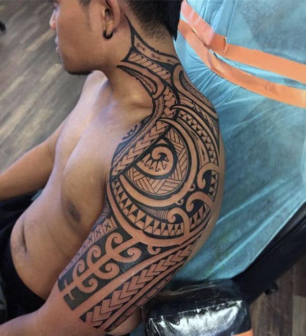 Manly Guys Polynesian Tribal Half Sleeve Tattoo Ideas