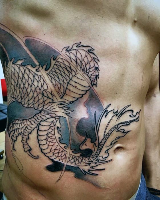 Manly Guys Rib Cage Side And Chest Dragon Tattoos