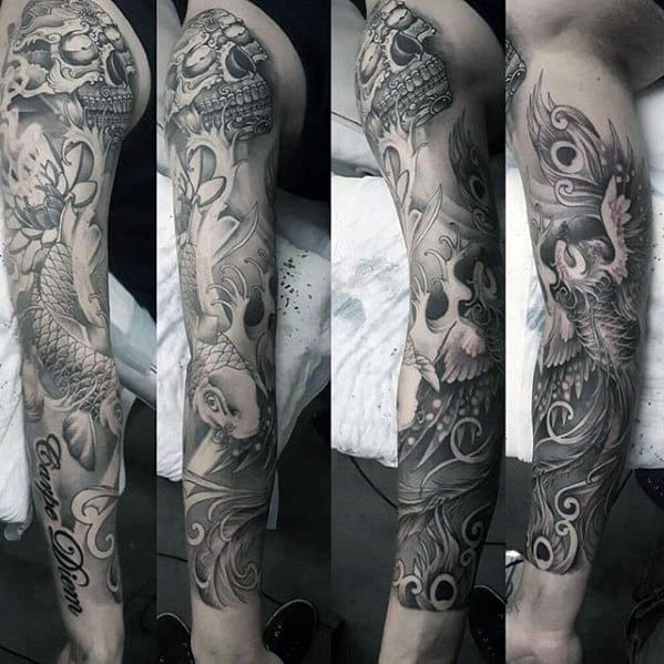 Manly Guys Shaded Black And Grey Ink Japanese Skull Sleeve Tattoo
