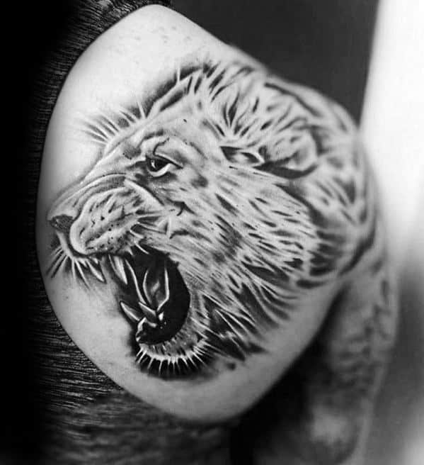Manly Guys Shoulder Roaring Lion Tattoo