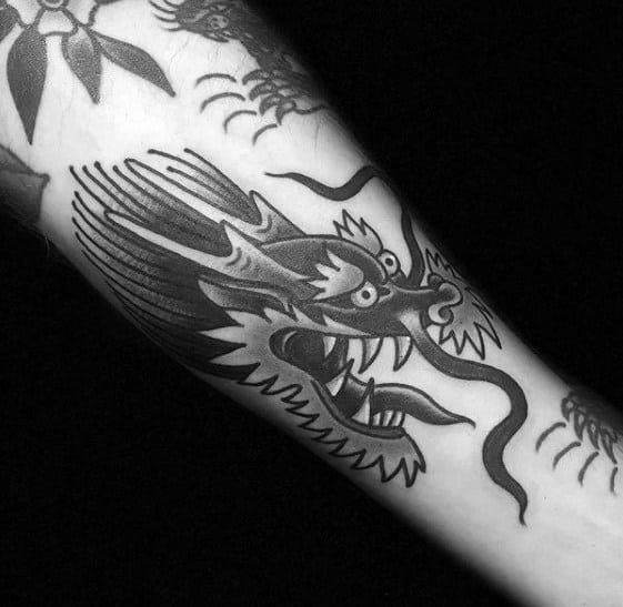 Manly Guys Traditional Dragon Head Black And Grey Tattoo On Inner Forearm
