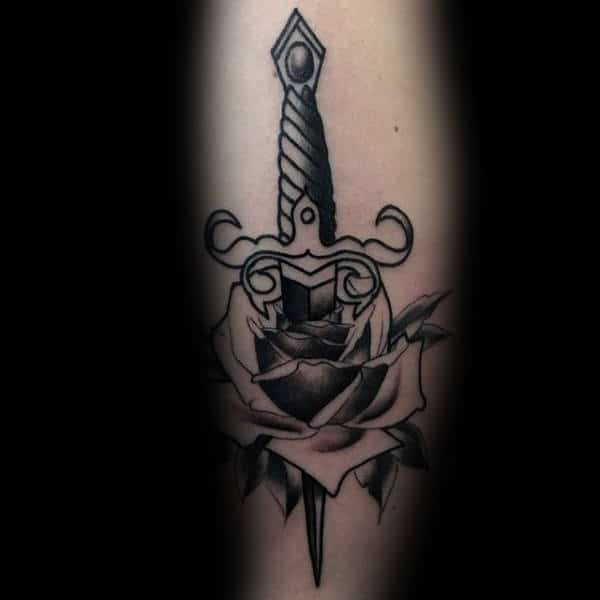 Manly Guys Traditional Rose And Dagger Arm Tattoo Ideas