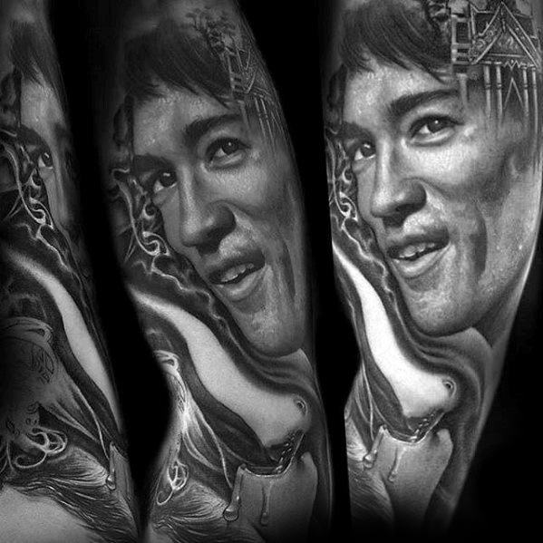 Manly Half Sleeve Bruce Lee Tattoo Design Ideas For Men
