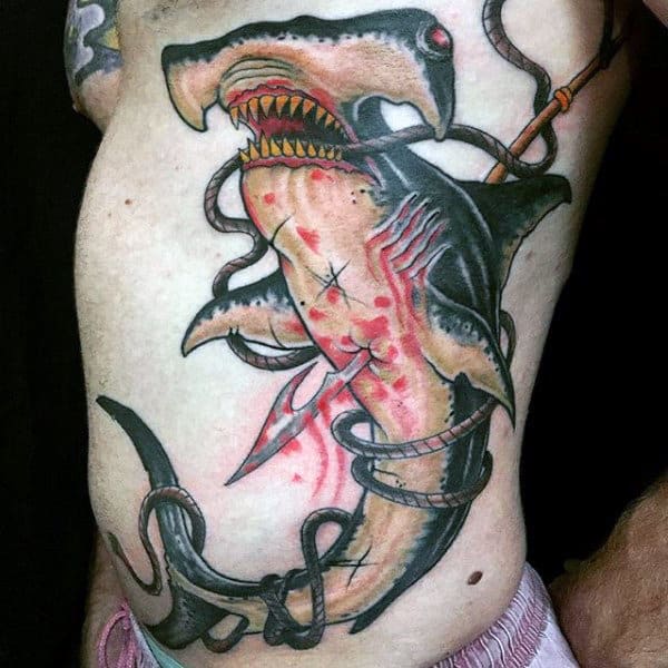 Manly Hammerhead Shark With Spear Rib Cage Side Mens Tattoos