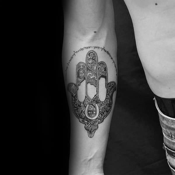 Manly Hamsa Inner Forearm Guys Black And White Ink Tattoo Ideas