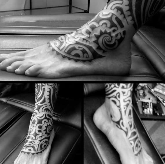 Manly Hawaiian Tribal Male Foot Tattoo With Black Ink Design