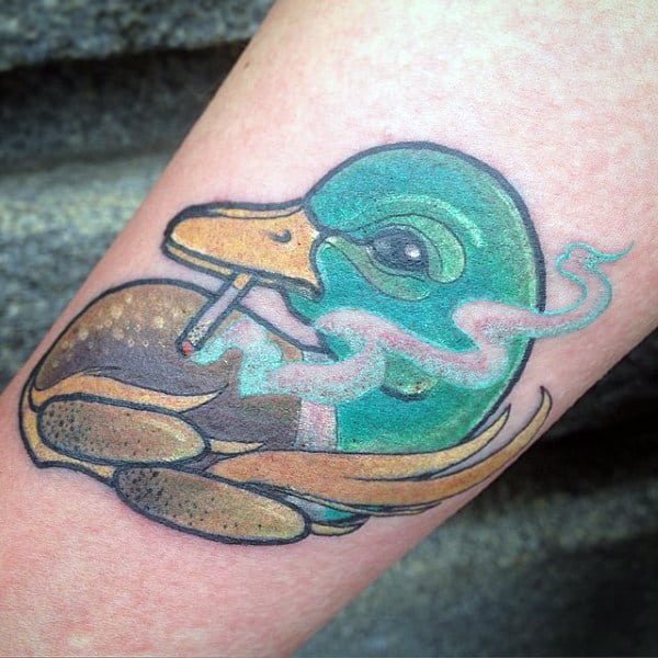 Manly Illustrative Duck Smoking Portrait Tattoo On Guy