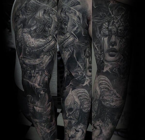 Manly Incredible Tattoo Design Ideas For Men Full Arm Shaded Lack And Grey Warrior Sleeve