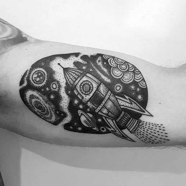 Manly Inner Arm Bicep Guys Cool Black And Grey Rocket Ship Tattoo