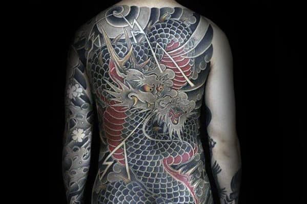 Manly Japanese Dragon Mens Black And Red Shaded Full Back Tattoo Ideas