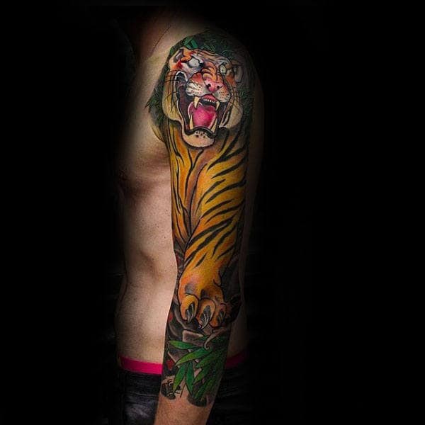 Manly Japanese Mens Tiger Half Sleeve Tattoo Ideas