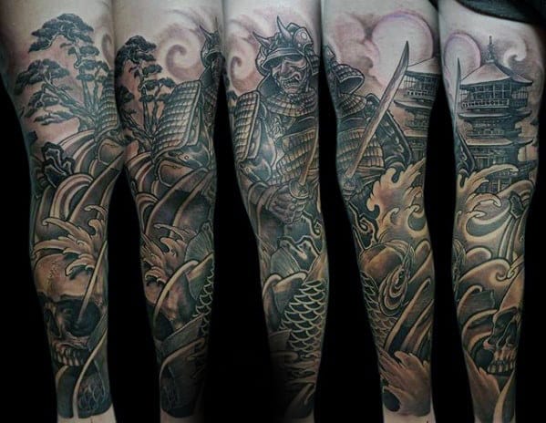 Manly Japanese Sleeve With Temple And Samuari Mens Tattoo