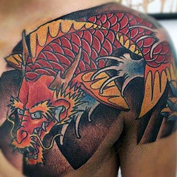 Manly Koi Dragon Guys Upper Chest And Shoulder Tattoos