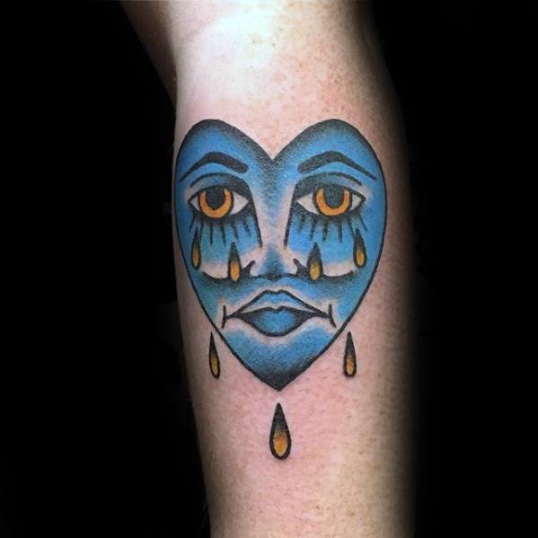 Manly Leg Calf Blue Crying Heart Tattoo Design Ideas For Men