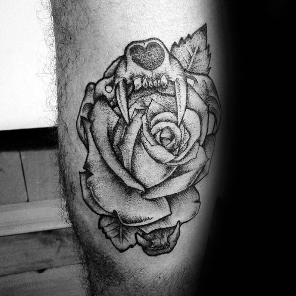 Manly Lion Skull Rose Flower Mens Leg Calf Tattoos