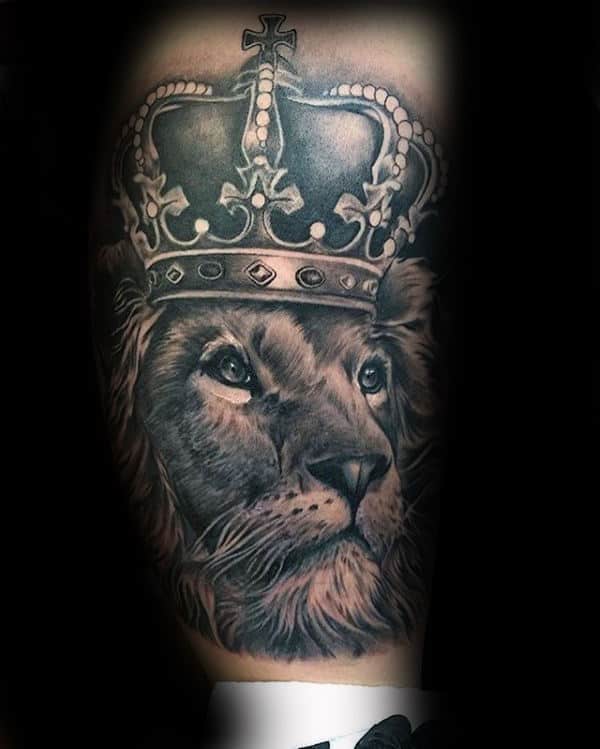 Manly Lion With Crown Lower Leg Guys Tattoos