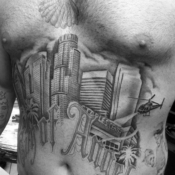 Manly Los Angeles Skyline Tattoo Design Ideas For Men On Stomach