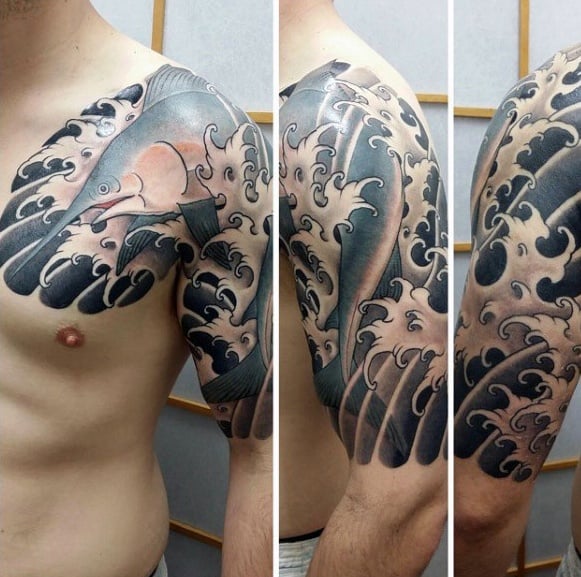 Manly Marlin Tattoo Design Ideas For Men Japanese Half Sleeve With Waves