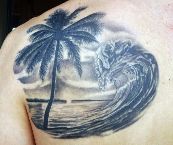 Manly Mens Black Palm Tree And Sea Sketch Tattoos On Back