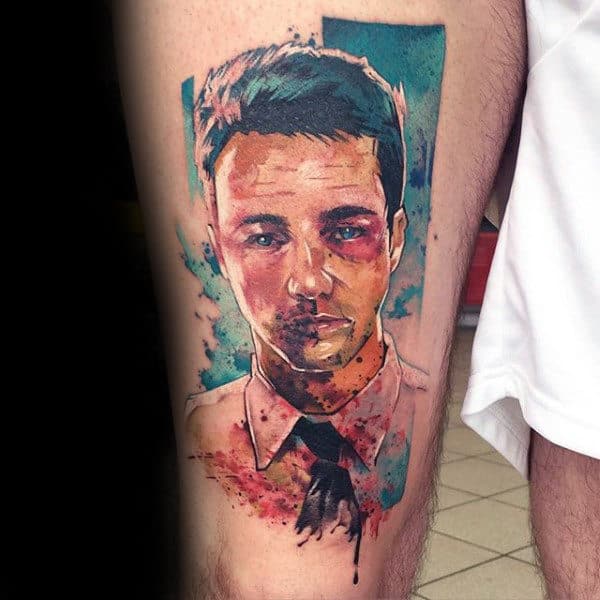 Manly Mens Fight Club Watercolor Tattoo Of Tyler Durden On Thighs