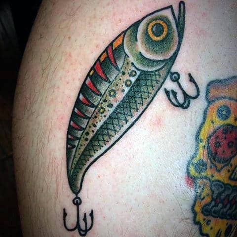 Manly Mens Green Lure Fish Hook Tattoo Design