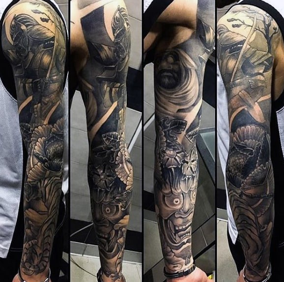 Manly Mens Original Full Sleeve Shaded Black And Grey Ink Tattoo Designs