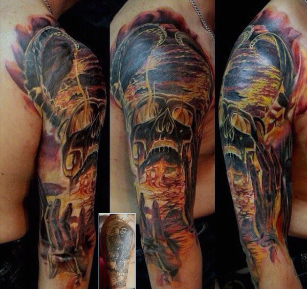 Manly Mens Skull And Flames Tattoos