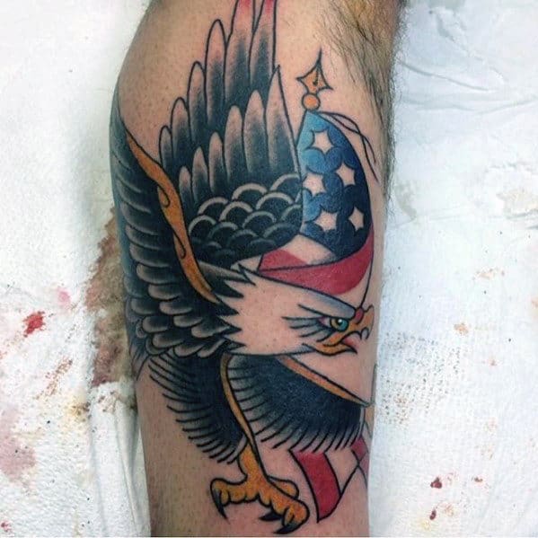 Manly Mens Traditional Leg Bald Eagle Flying With American Flag Tattoo