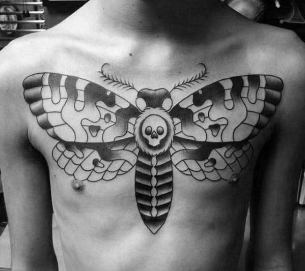 Manly Moth Guys Traditional Tattoos On Chest