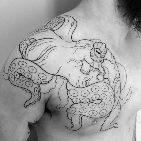 Manly Octopus Black Ink Outline Chest Tattoo Designs