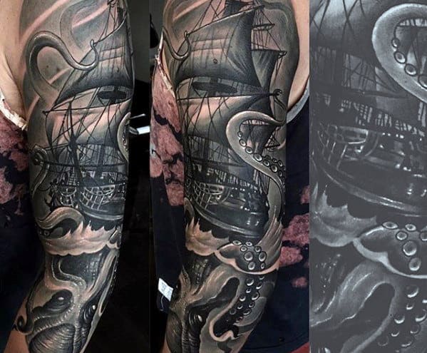 Manly Octopus Kraken With Sailing Ship Male Sleeve Tattoos