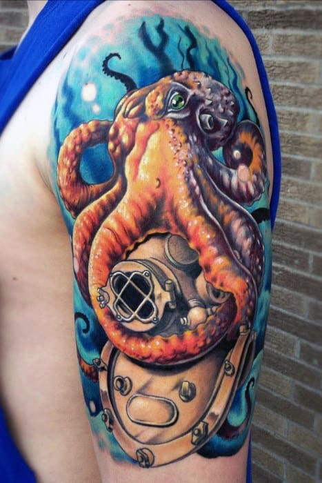 Manly Octopus With Divers Helmet Arm Tattoos For Men