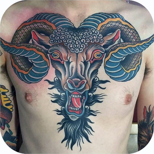 Manly Old School Traditional Male Ram Chest Tattoos