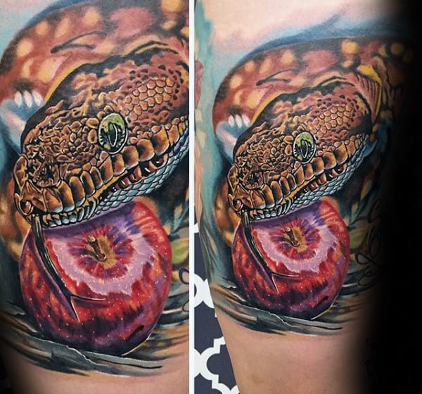 Manly Realistic Snake And Apple Quarter Sleeve Tattoo