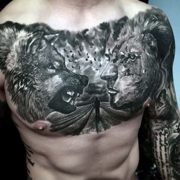 manly-realistic-wolf-mens-heavily-shaded-uppee-chest-tattoo