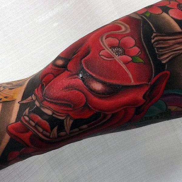 Manly Red Ink Hannya Mask Mens Arm Sleeve Tattoo
