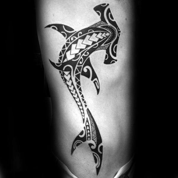 Manly Rib Cage Side Hawaiian Shark Male Tribal Tattoo Design Ideas
