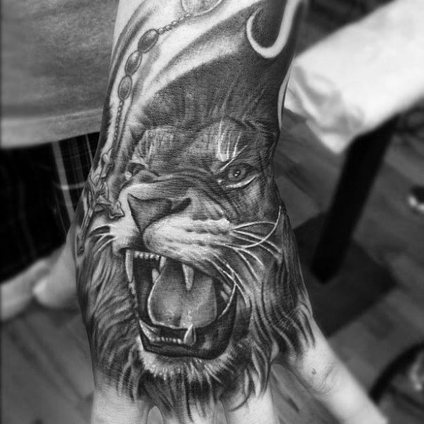 Manly Roaring Angry Lion Guys Hand Tattoo