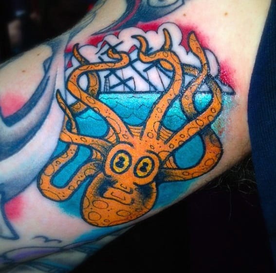 Manly Sinking Ship Kraken Inner Arm Bicep Tattoo Design Ideas For Men