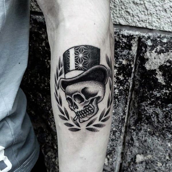Manly Skull With Top Hat Tattoo Design Ideas For Men On Outer Forearm