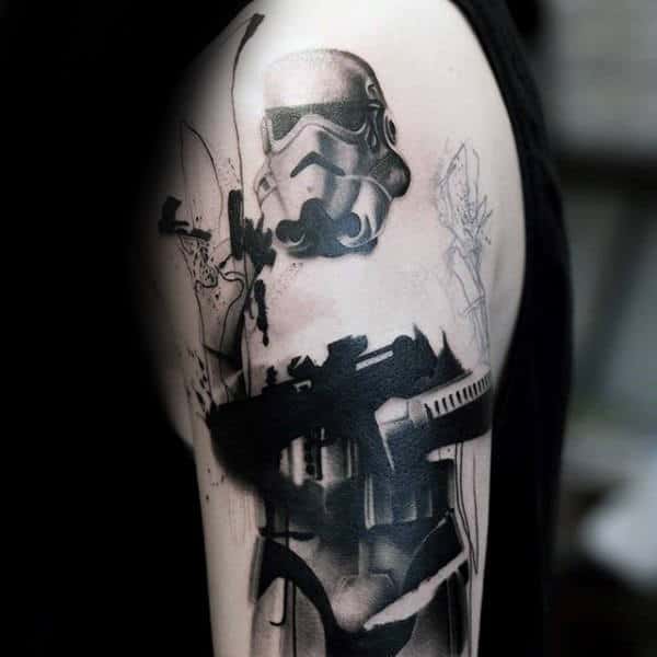 Manly Stormtrooper Upper Arm Tattoos For Guys With Black And Shaded Ink Designs