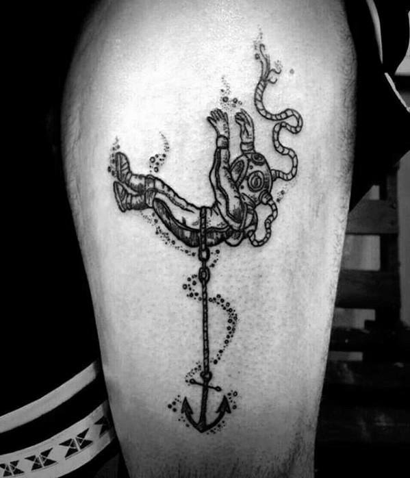 Manly Thigh Diver With Anchor Tattoo Design Ideas For Men