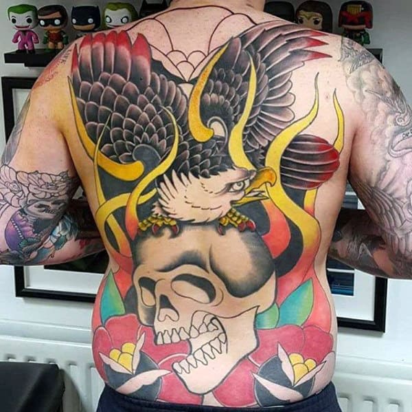 Manly Traditional Back Flaming Skull With Eagle Tattoos