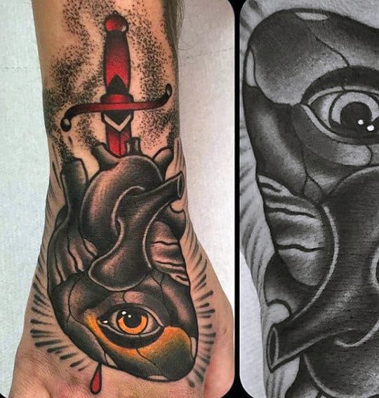 Manly Traditional Eye Heart And Dagger Hand And Forearm Tattoo