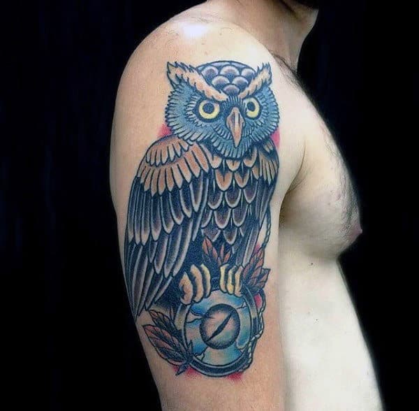 Manly Traditional Owl Guys Arm Tattoo Ideas