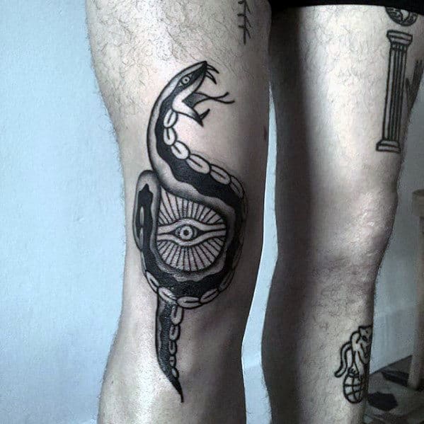 Manly Traditional Snake With Eye Mens Knee And Leg Tattoos