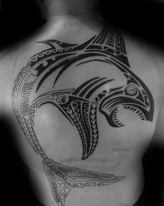 Manly Tribal Back Polynesian Shark Tattoo Design Ideas For Men