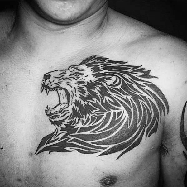 Manly Tribal Lion Chest Mens Tattoos