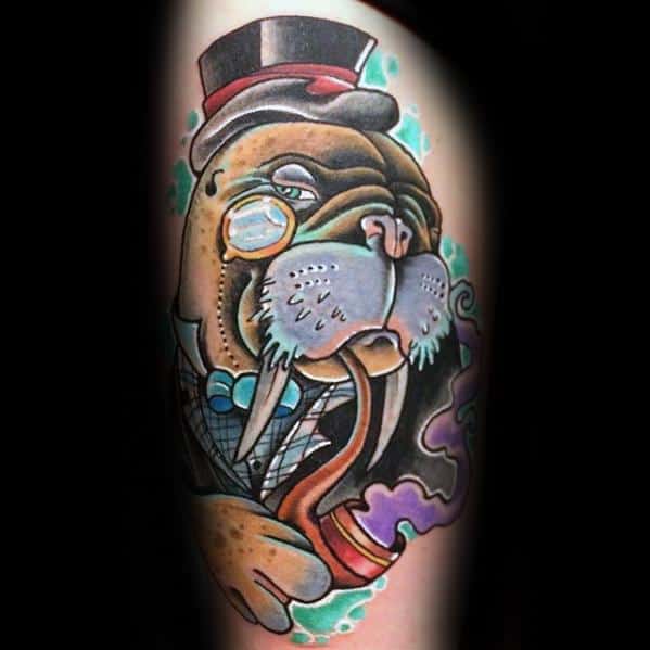 Manly Walrus With Pipe And Top Hat New School Thigh Tattoo Design Ideas For Men